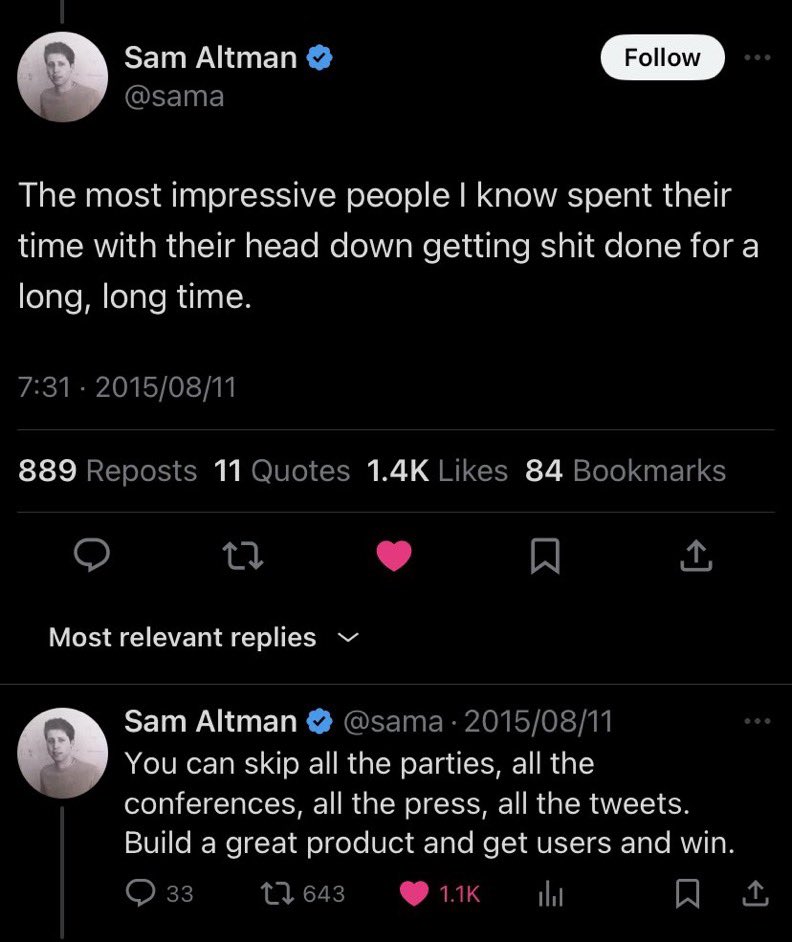 Sam Altman tweet about impressive people keeping their head down and getting work done